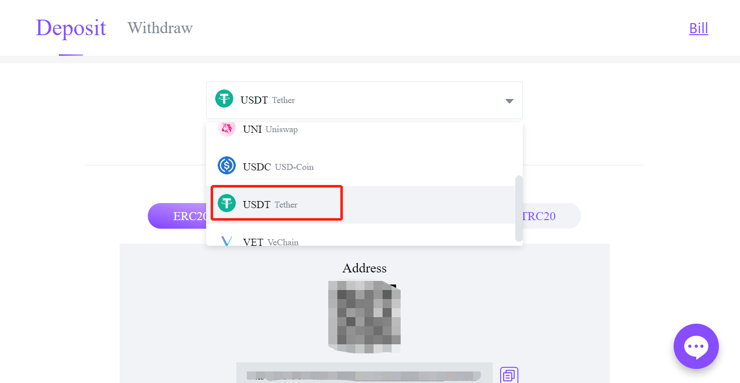 Withdrawal and Deposit of USDT Support ERC20 Protocol :