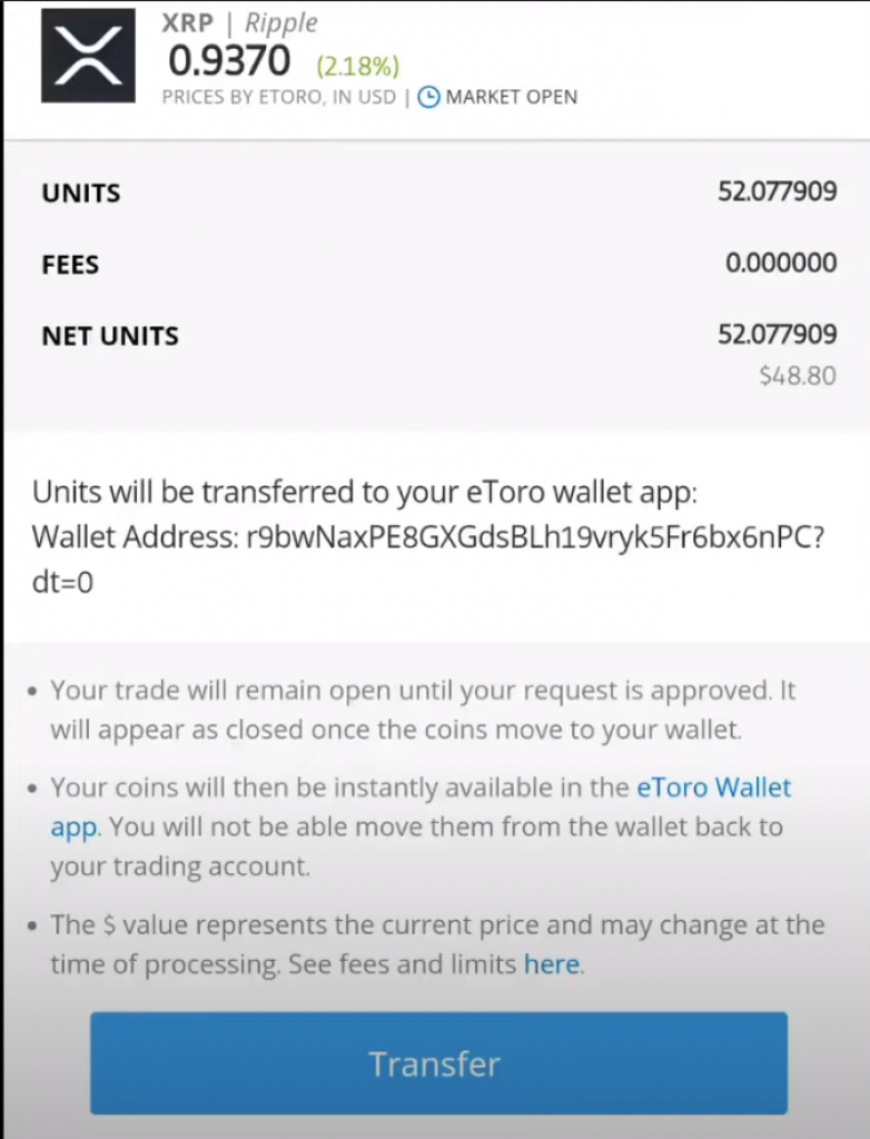 What does it mean to transfer a cryptocurrency to the eToro Money crypto wallet? | eToro Help