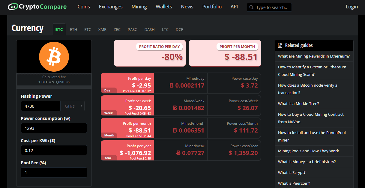 Cryptocompare Mining Calculator | Crypto Mining Resources Navigation | MinerNav