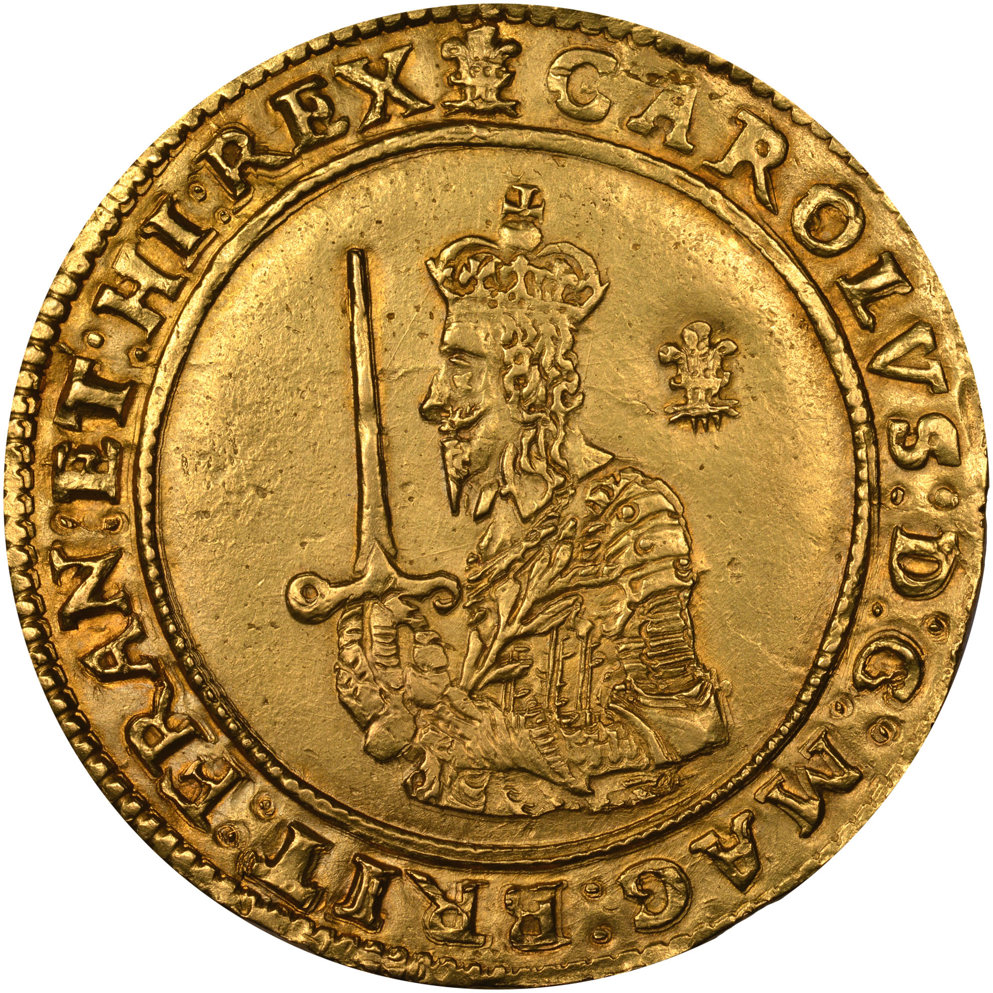 Charles I Hammered Gold Unite. ‘Heart’ over ‘Anchor’ mintmark | £