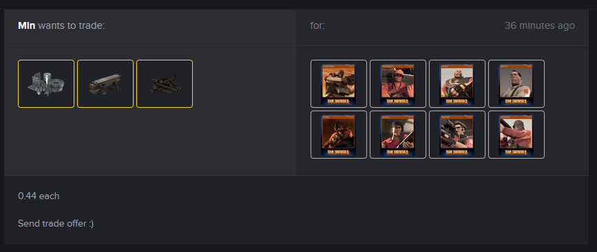 Buying Any Steam Trading Card for 3 TF2 scrap metal each!