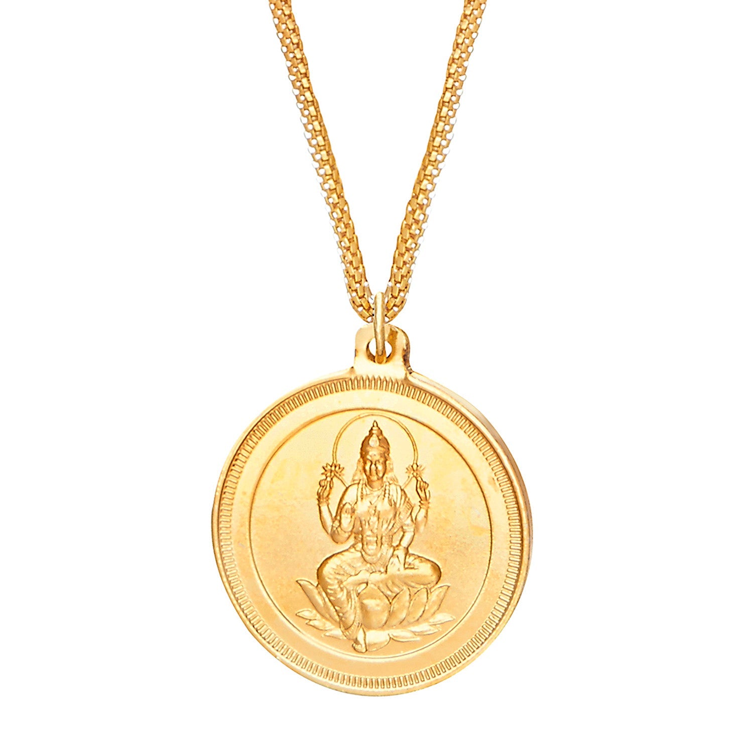 Gold tone Lakshmi coin blue stone chain Lakshmi coin pendant set dj – dreamjwell