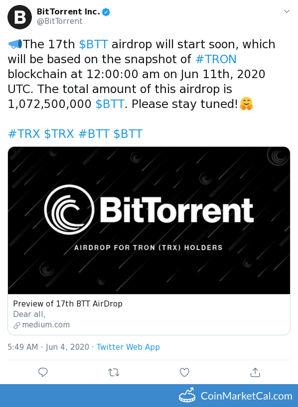 BitTorrent's Airdrops Are a Big Deal for TRON (TRX) and BTT Holders Until 