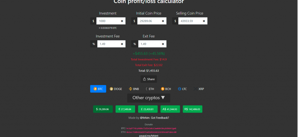 Crypto Profit Calculator - Bitcoin, Ethereum Profit/Loss Calculator