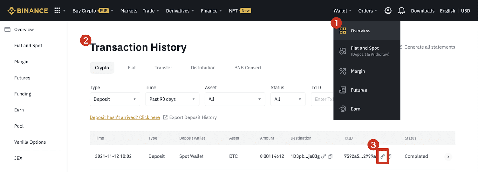 How to find a transaction ID/hash for a blockchain deposit or withdra.