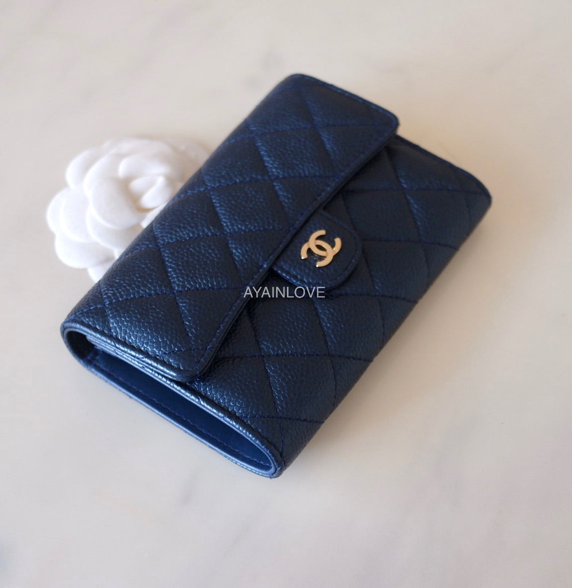 Chanel Dark Blue Quilted Caviar Leather CC Compact Flap Wallet - Yoogi's Closet