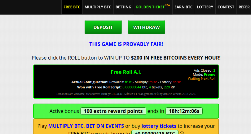 Freebitcoin [] - Auto Roll - New Bonuses - Multiply - Lottery - Status Console - Feedback