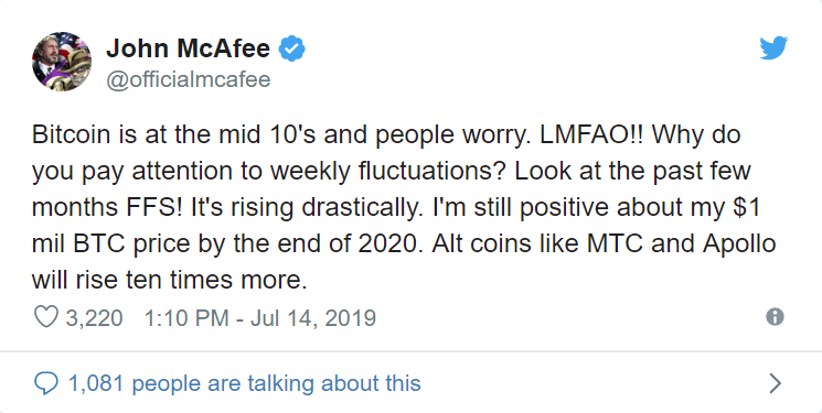 John McAfee Takes a U-Turn from His $1M BTC Price Prediction