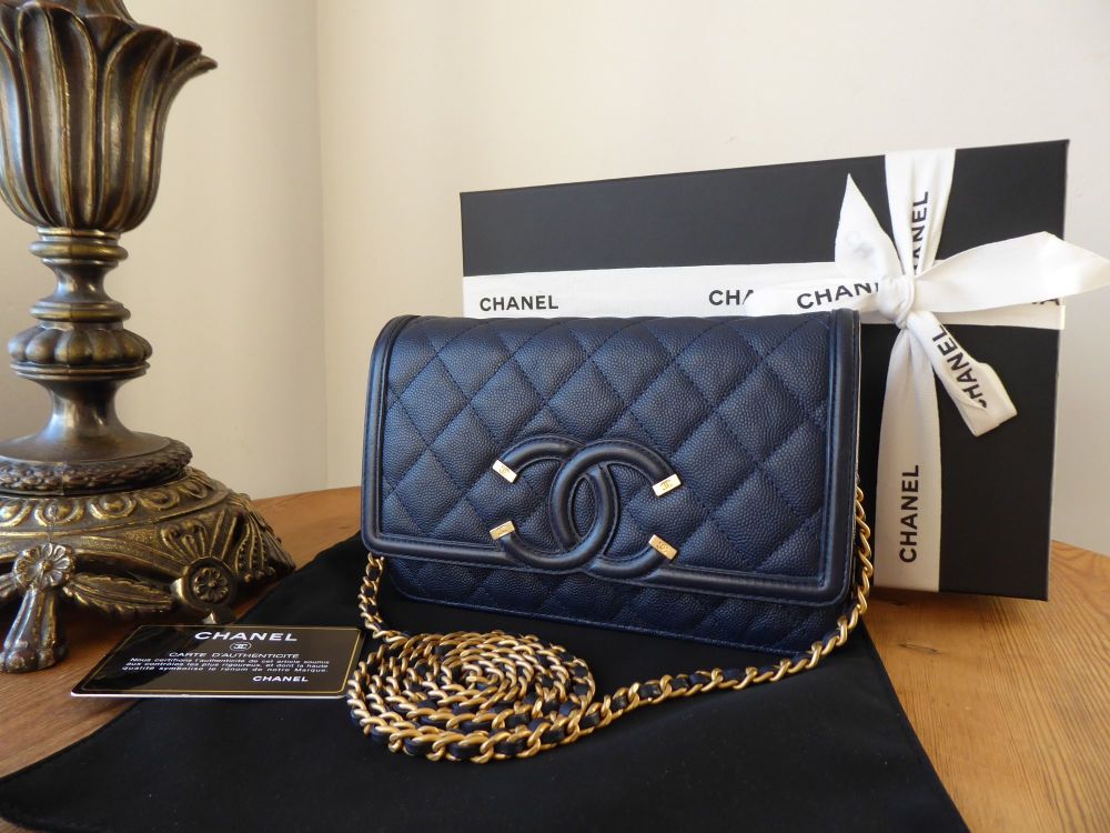 Chanel Dark Blue Quilted Patent Classic Wallet On Chain (WOC) | World's Best