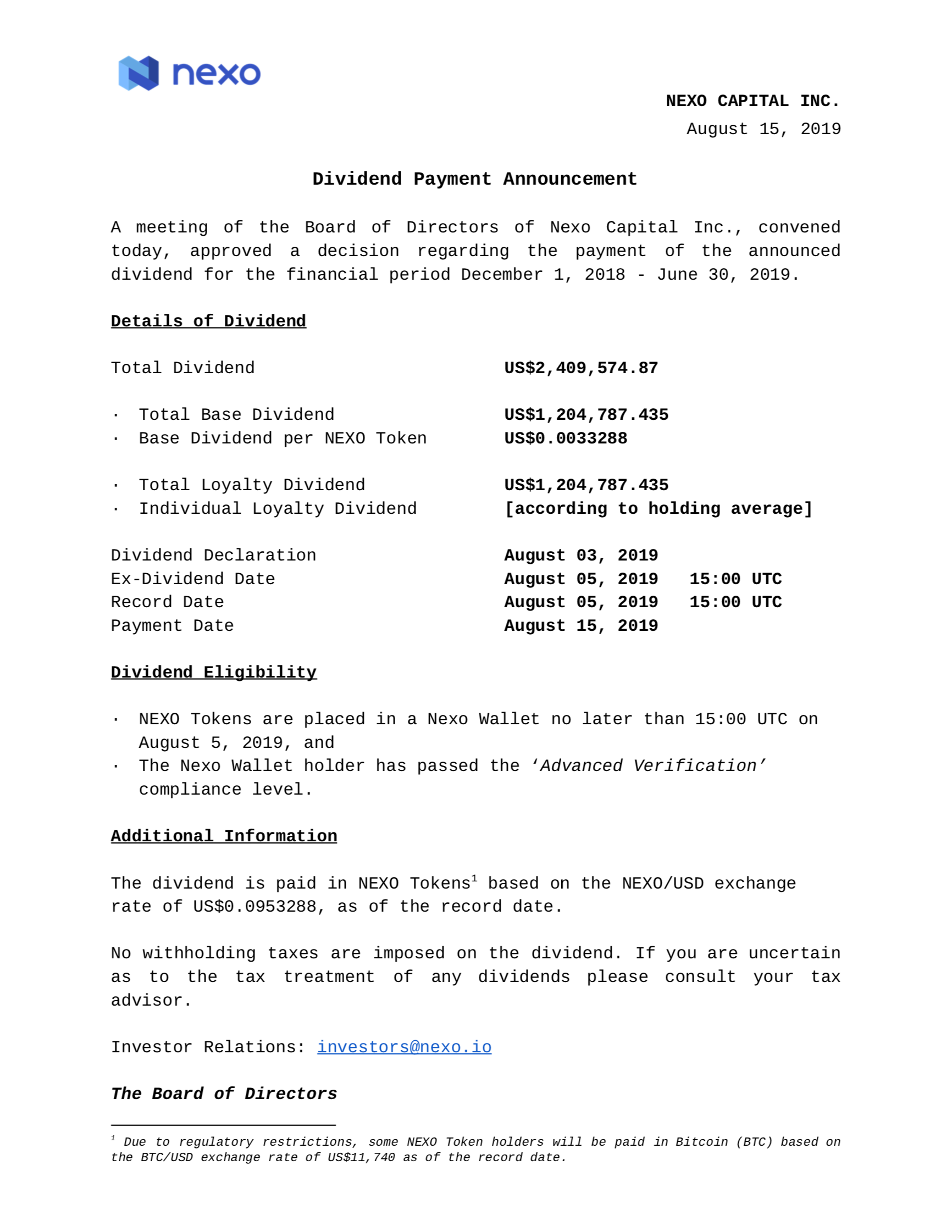 Nexo token price and dividend per token and payout date - Cryptocoinzone