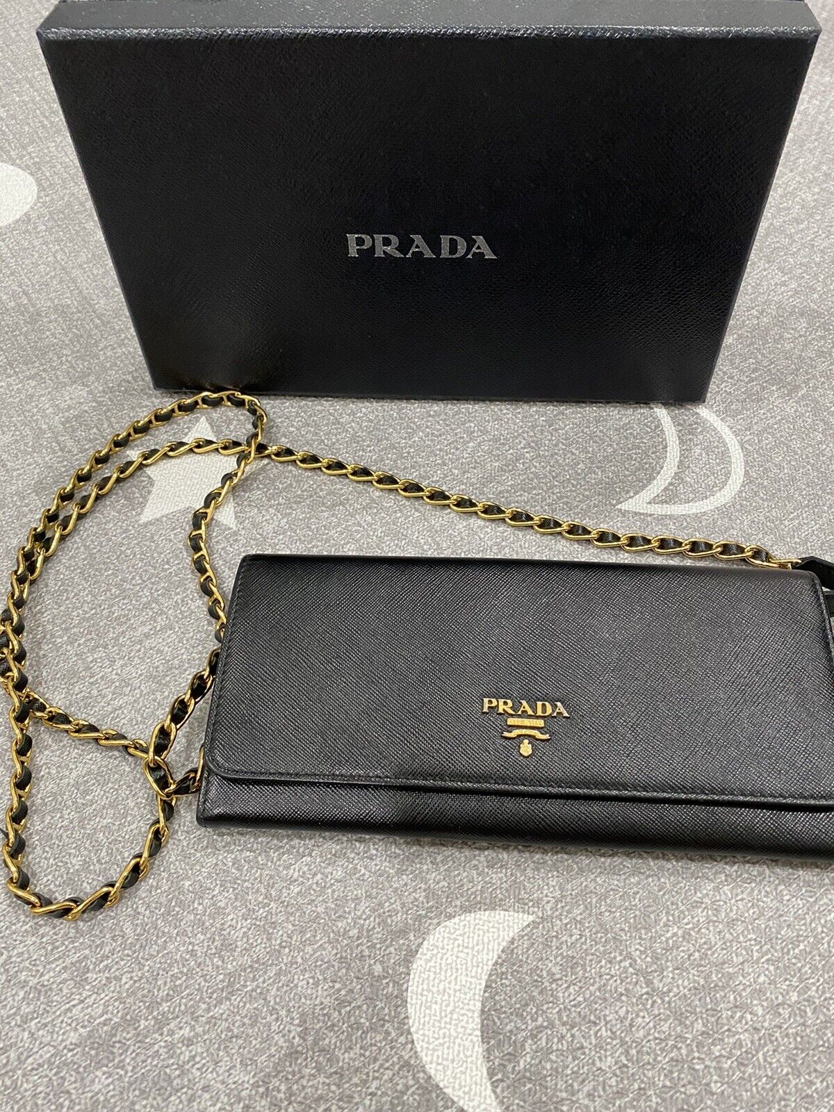 Prada - Black Saffiano Wallet with Gold Chain